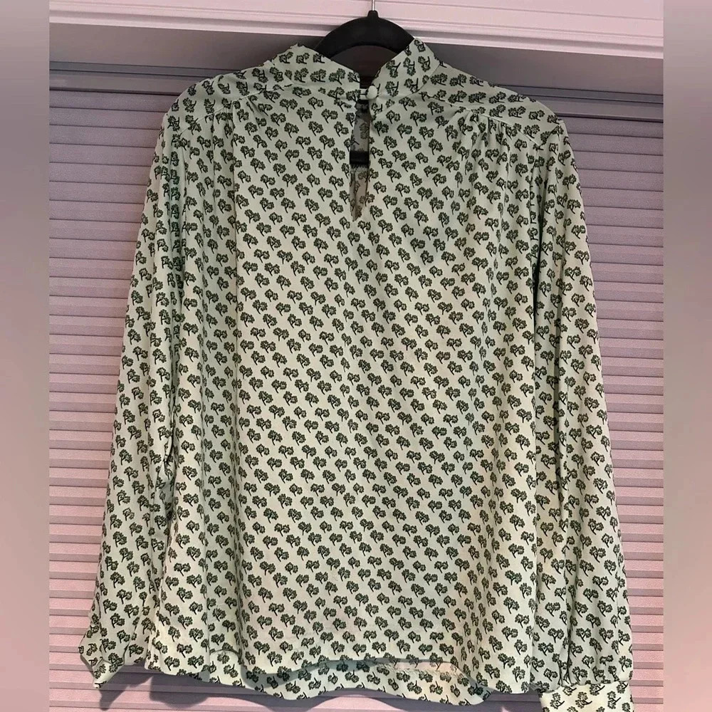 Vintage green patterned polyester long sleeve blouse C-9